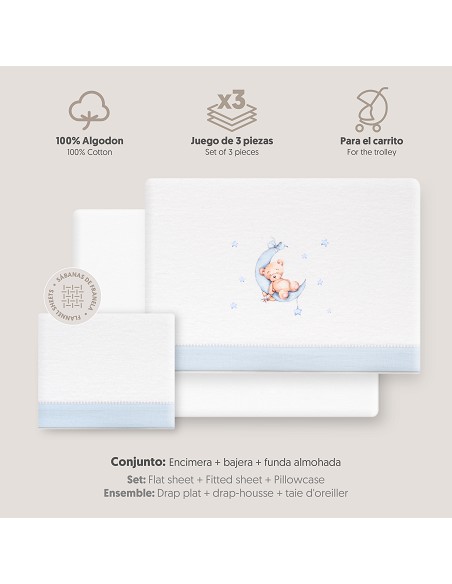 Triptico Coche Franela Estampado Oso Luna Estrellas Bco/Azul