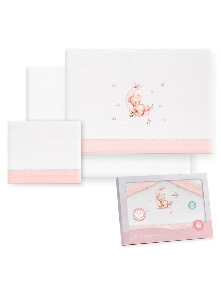 Triptico Coche Franela Estampado Oso Luna Estrellas Bco/Rosa