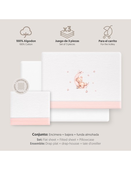 Triptico Coche Franela Estampado Oso Luna Estrellas Bco/Rosa