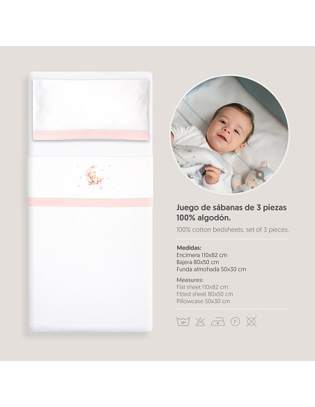 Triptico Coche Franela Estampado Oso Luna Estrellas Bco/Rosa