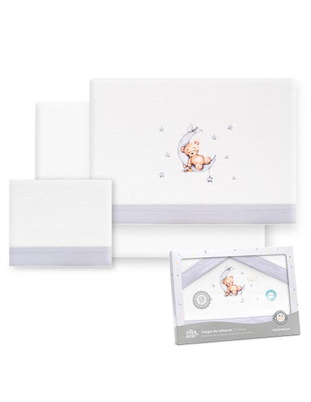Triptico Coche Franela Estampado Oso Luna Estrellas Bco/Gris