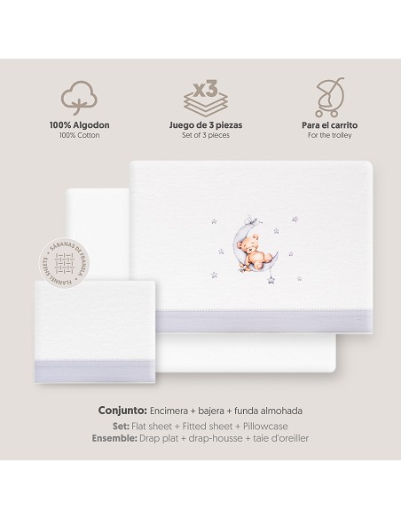 Triptico Coche Franela Estampado Oso Luna Estrellas Bco/Gris