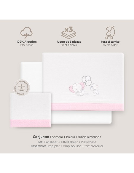 Triptico Coche Franela Oso Elefante Globos Bco/Rosa