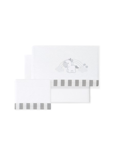 Triptico Cuna Franela Modelo Unicornio Nubes Bco/Gris