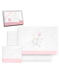 Triptico Cuna Franela Elefante Globo Corazon Bco/Rosa