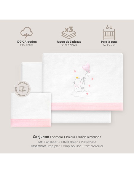 Triptico Cuna Franela Elefante Globo Corazon Bco/Rosa
