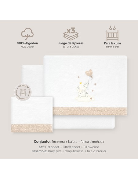 Triptico Cuna Franela Elefante Globo Corazon Bco/Beig