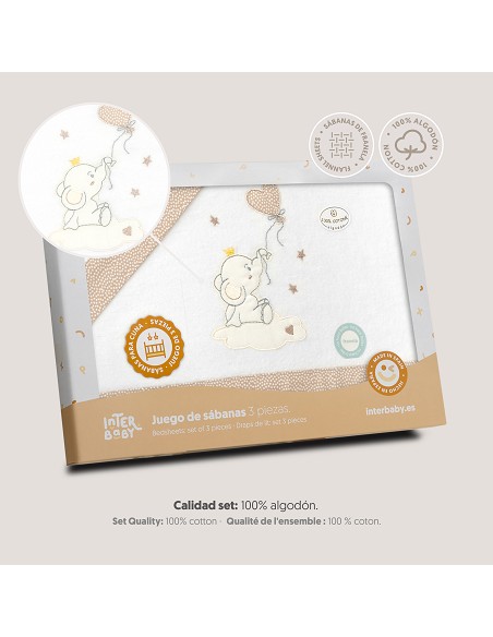 Triptico Cuna Franela Elefante Globo Corazon Bco/Beig