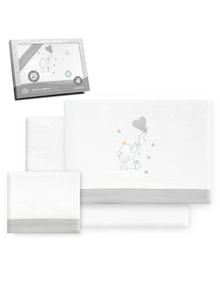 Triptico Cuna Franela Elefante Globo Corazon Bco/Gris