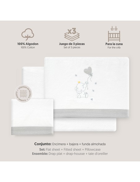 Triptico Cuna Franela Elefante Globo Corazon Bco/Gris