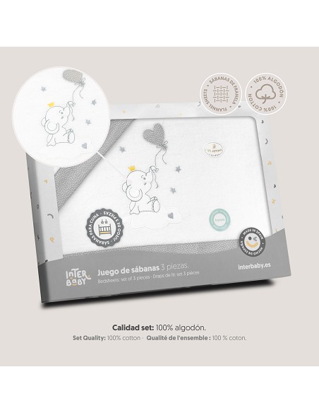 Triptico Cuna Franela Elefante Globo Corazon Bco/Gris