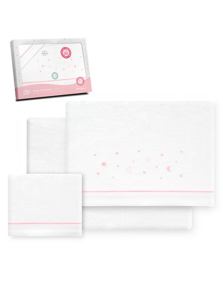 Triptico Cuna Franela Estrellas Luna Bco/Rosa