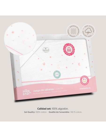 Triptico Cuna Franela Estrellas Luna Bco/Rosa