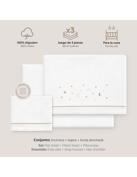 Triptico Cuna Franela Estrellas Luna Bco/Beig