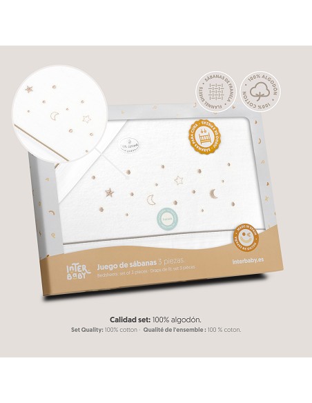 Triptico Cuna Franela Estrellas Luna Bco/Beig