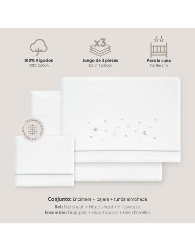 Triptico Cuna Franela Estrellas Luna Bco/Gris