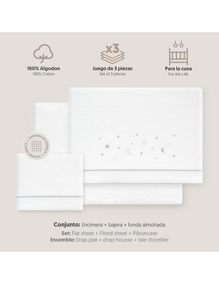 Triptico Cuna Franela Estrellas Luna Bco/Gris