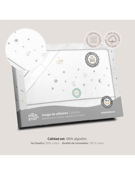 Triptico Cuna Franela Estrellas Luna Bco/Gris