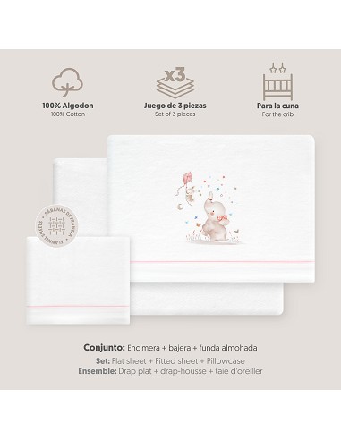 Triptico Cuna Franela  Mod Elefante Bco/Rosa