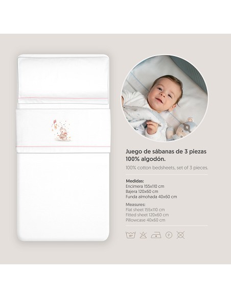 Triptico Cuna Franela  Mod Elefante Bco/Rosa