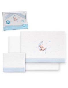 Triptico Cuna Franela Estampado Oso Luna Estrellas Bco/Azul