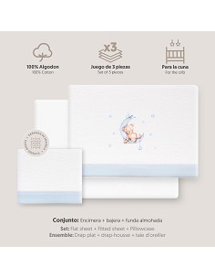 Triptico Cuna Franela Estampado Oso Luna Estrellas Bco/Azul 2