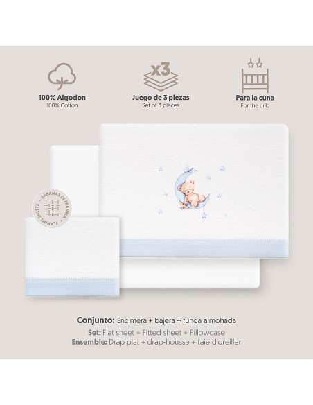 Triptico Cuna Franela Estampado Oso Luna Estrellas Bco/Azul