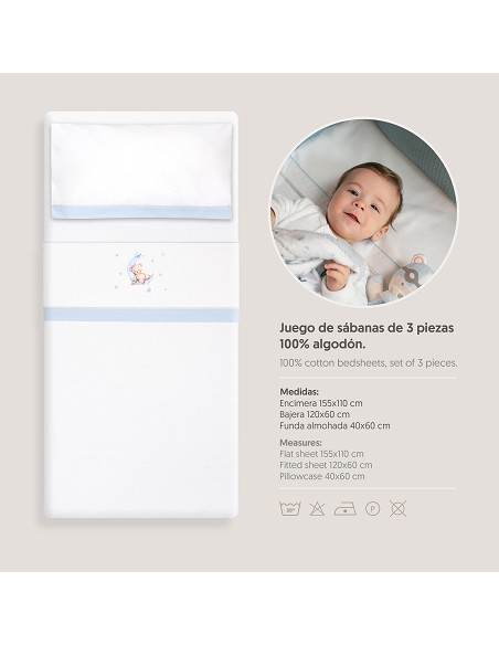 Triptico Cuna Franela Estampado Oso Luna Estrellas Bco/Azul