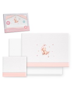 Triptico Cuna Franela Estampado Oso Luna Estrellas Bco/Rosa