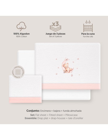 Triptico Cuna Franela Estampado Oso Luna Estrellas Bco/Rosa