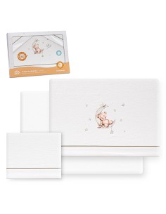 Triptico Cuna Franela Estampado Oso Luna Estrellas Bco/Verde