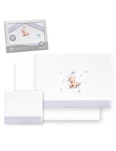 Triptico Cuna Franela Estampado Oso Luna Estrellas Bco/Gris