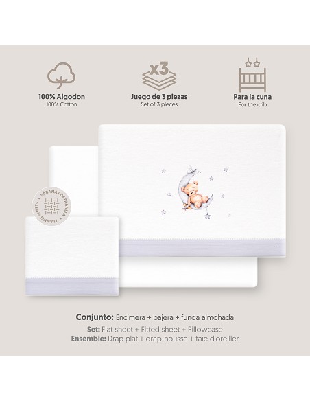 Triptico Cuna Franela Estampado Oso Luna Estrellas Bco/Gris