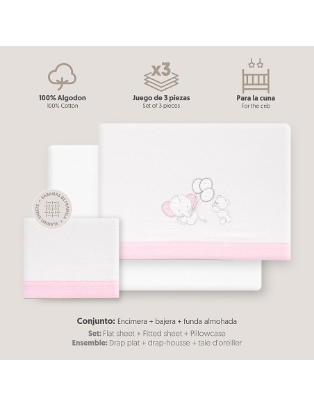Triptico Cuna Franela Oso Elefante Globos Bco/Rosa