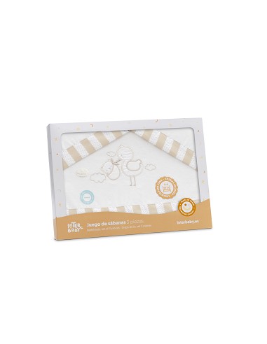 Triptico Cuna Franela Cigueña Oso Bco/Beig