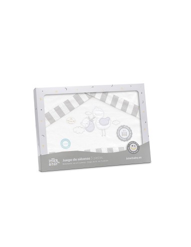 Triptico Cuna Franela Cigueña Oso Bco/Gris