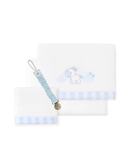 Triptico Cuna Coralina Mod. Unicornio Nube+Broche Bco/Azul