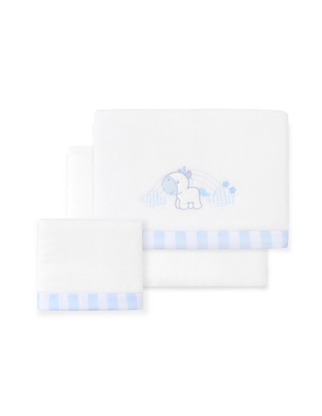 Triptico Cuna Coralina Mod. Unicornio Nube+Broche Bco/Azul