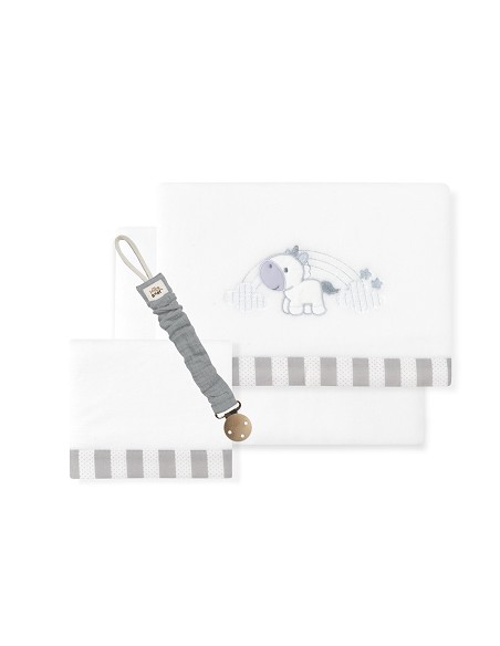 Triptico Cuna Coralina Mod. Unicornio Nube+Broche Bco/Gris