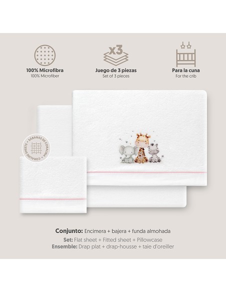 Triptico Cuna Coralina Estampado Jirafa Elefante Bco/Rosa