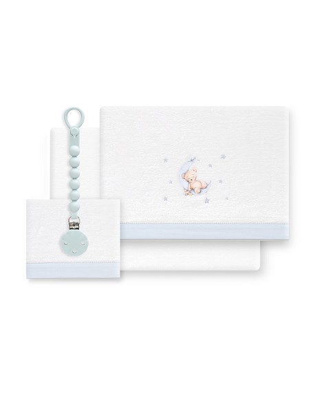 Triptico Cuna Coralina Estampado Oso Luna Estrellas + Broche Bco/Azul