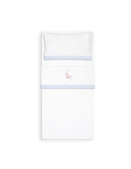 Triptico Cuna Coralina Estampado Oso Luna Estrellas + Broche Bco/Azul