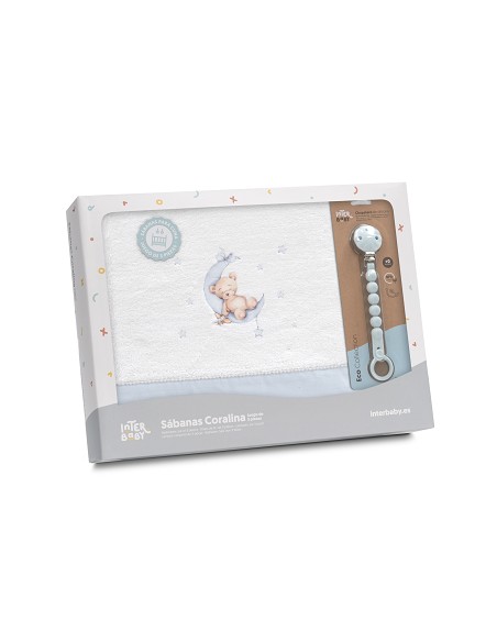 Triptico Cuna Coralina Estampado Oso Luna Estrellas + Broche Bco/Azul