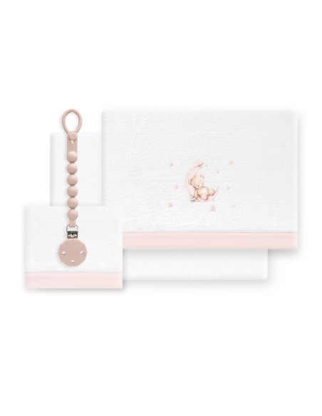 Triptico Cuna Coralina Estampado Oso Luna Estrellas + Broche Bco/Rosa