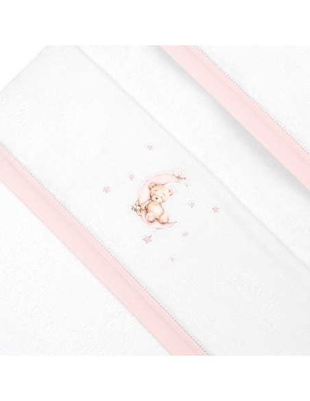 Triptico Cuna Coralina Estampado Oso Luna Estrellas + Broche Bco/Rosa