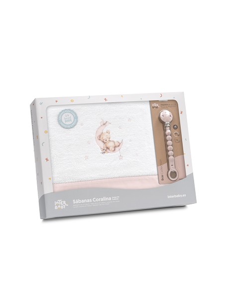 Triptico Cuna Coralina Estampado Oso Luna Estrellas + Broche Bco/Rosa