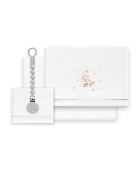 Triptico Cuna Coralina Estampado Oso Luna Estrellas + Broche Bco/Verde