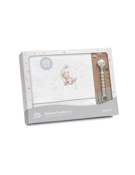 Triptico Cuna Coralina Estampado Oso Luna Estrellas + Broche Bco/Verde