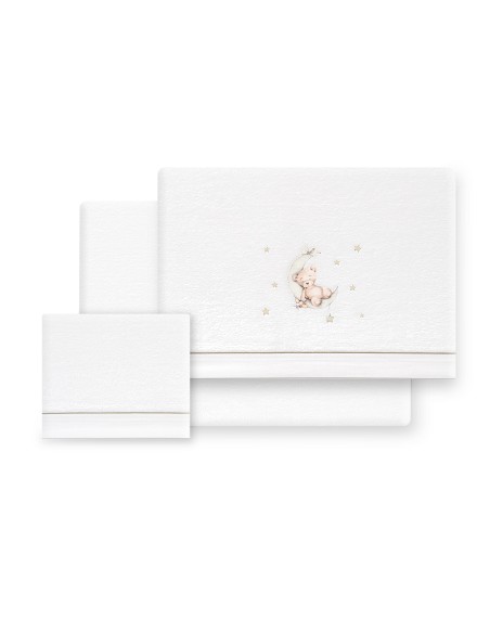 Triptico Cuna Coralina Estampado Oso Luna Estrellas + Broche Bco/Verde