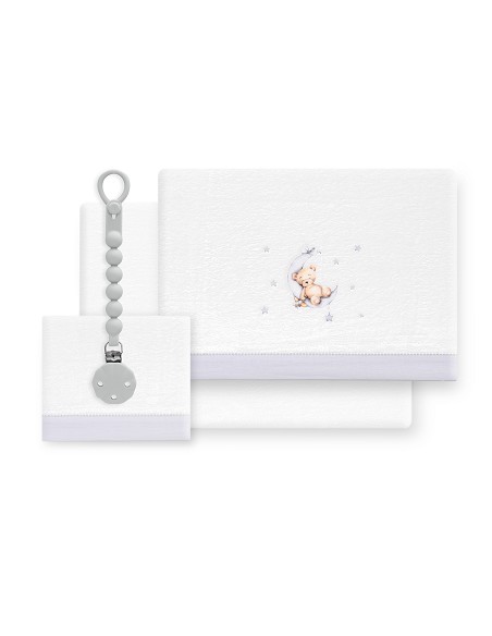Triptico Cuna Coralina Estampado Oso Luna Estrellas + Broche Bco/Gris